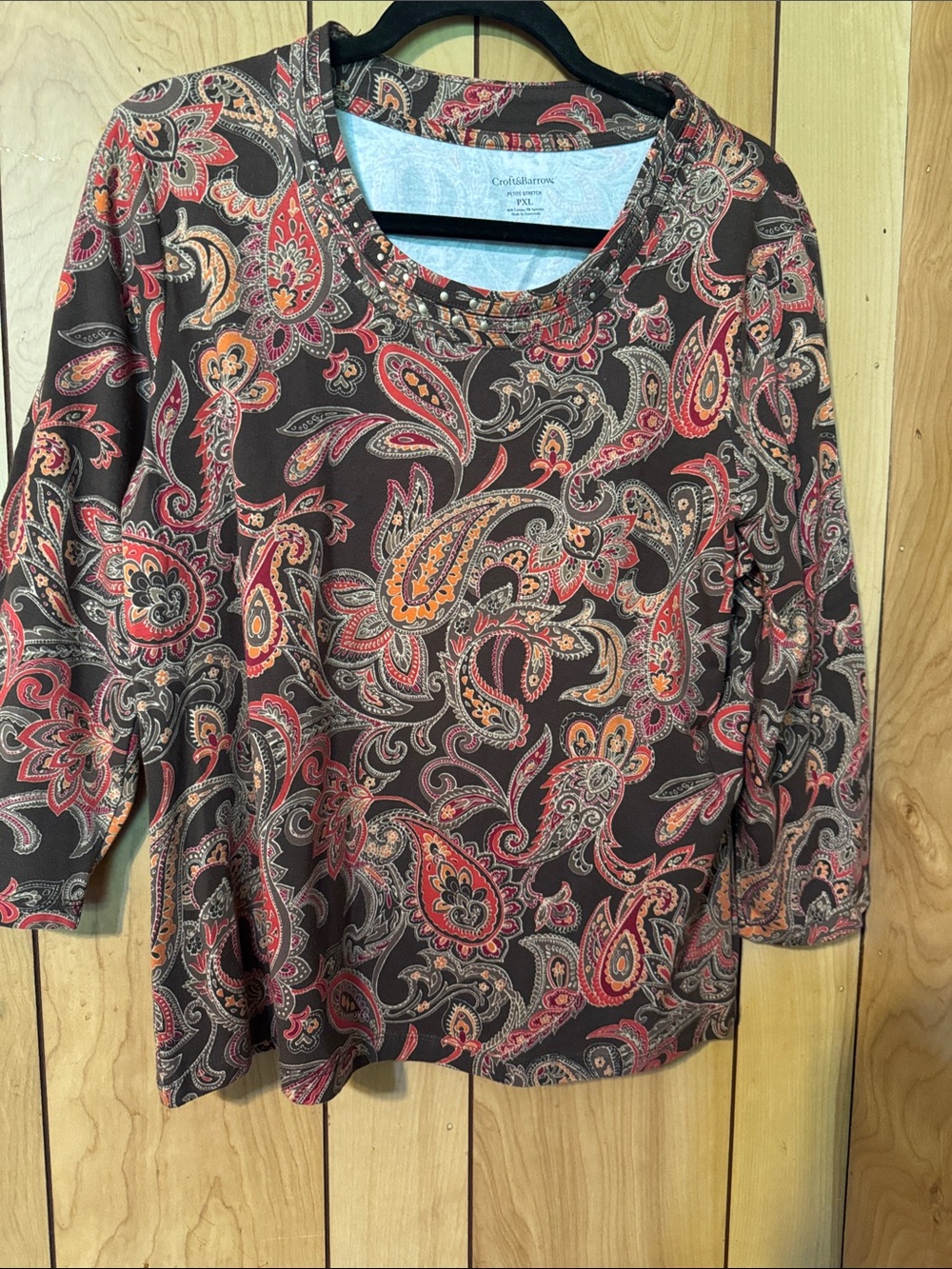 croft & barrow Brown Paisley Long-Sleeve Top with Red & Orange Accents